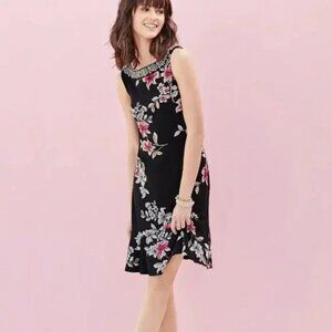 White House Black Market Black Floral Embroidered Trim Boatneck Dress Size Large